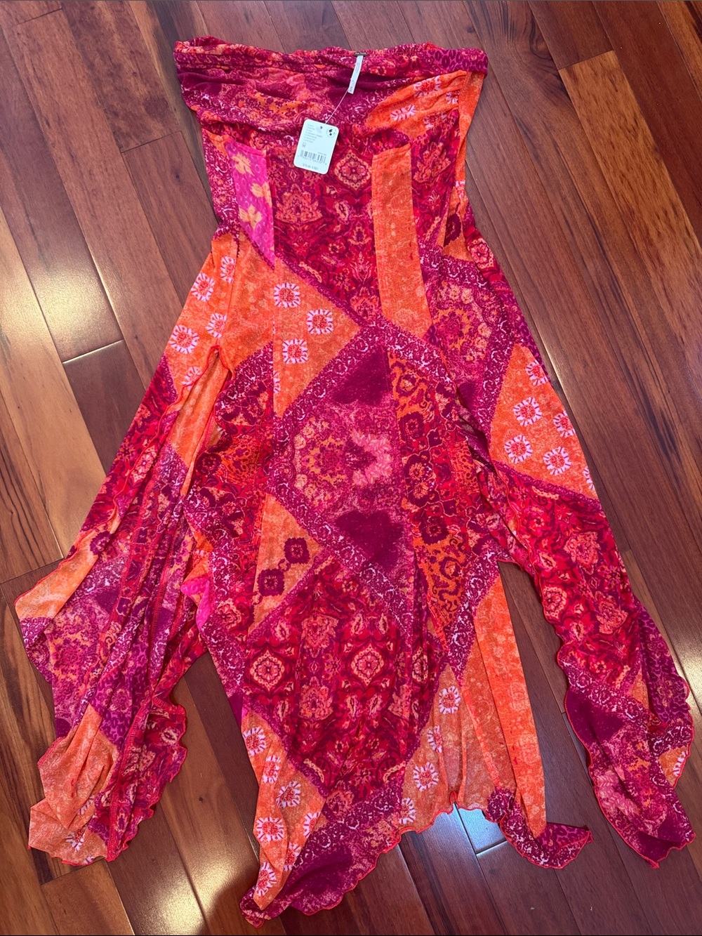 Free People Vibrant Red & Orange Patchwork Strapless Dress mesh Size M